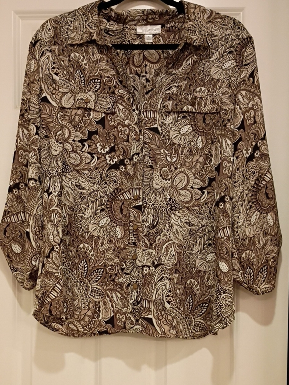 dressbarn Brown and Cream Paisley Button-Down Shirt